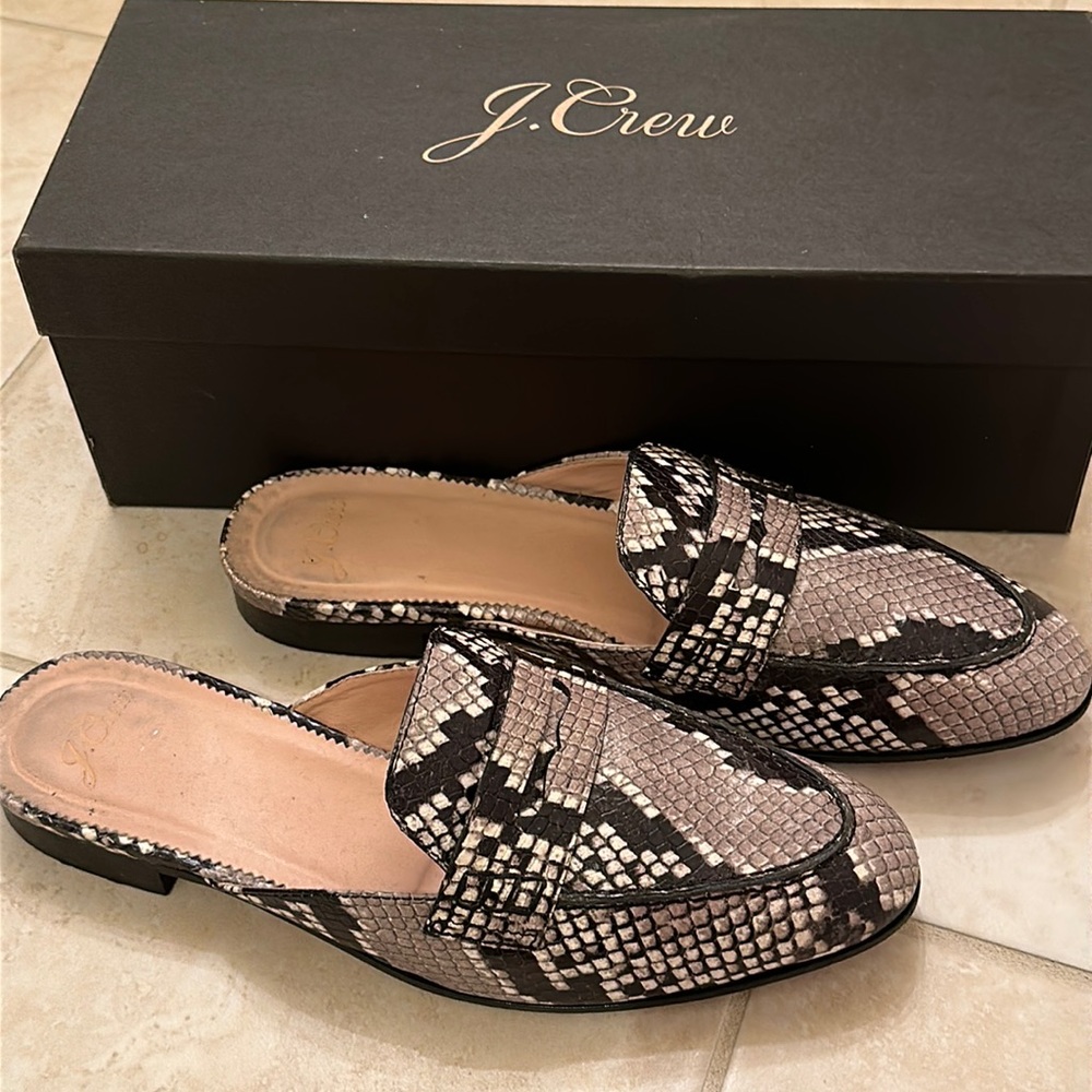 J.Crew Academy Loafer Mules Leather snake pattern 7.5 blk taupe cream